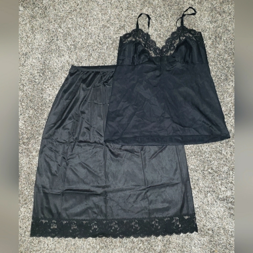 Lorraine| Vintage Elegant Black Lace Trim Sleepwear Slip Set